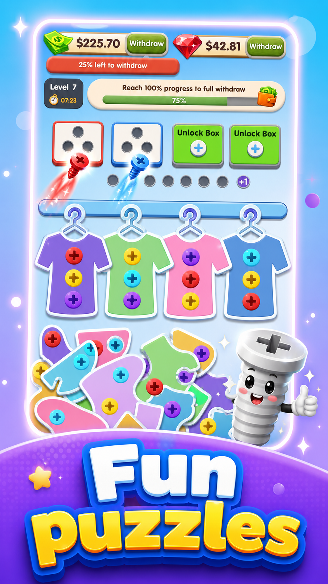 Unscrew Adventure fun puzzle level with shirts and screws