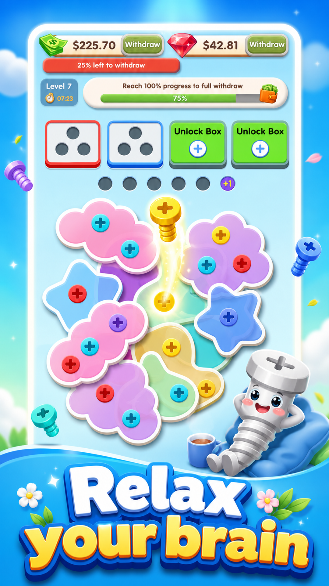 Unscrew Adventure relaxing brain puzzle screen